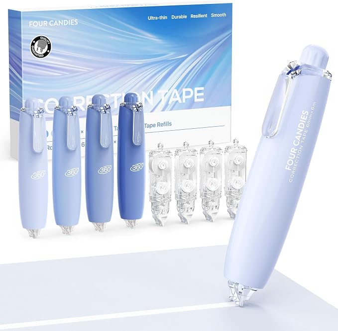 Four Candies Refillable Correction Tape, 4PCS White Tape with 4 Refills | Smooth White Pull-Out Tape for Instant Corrections, Easy to Use Applicator for Office, School Supplies (Blue)