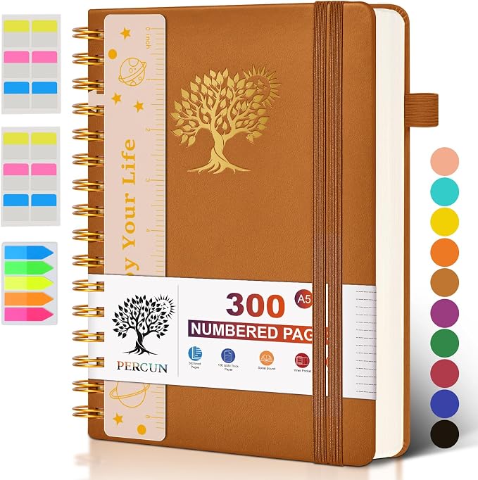 PERCUN Spiral Notebook 300 Numbered Lined Pages Hardcover Journal 5.9"x8.5" | College Ruled Spiral Bound Notebook with Tabs, A5 Leather Journal for Women Men, Work, School, Travel, Writing & Note Taking