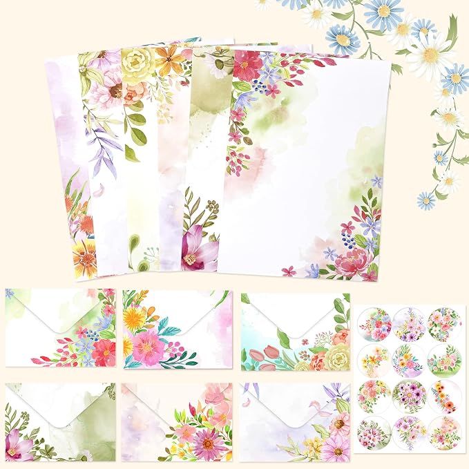 50 Pcs Stationery Paper Envelopes Set Includes 24 Writing Paper & 24 Envelopes with 24 Round Stickers, Cute Flower Floral Letter Writing and Stationery Paper Envelopes for Girls Invitations(6Style)