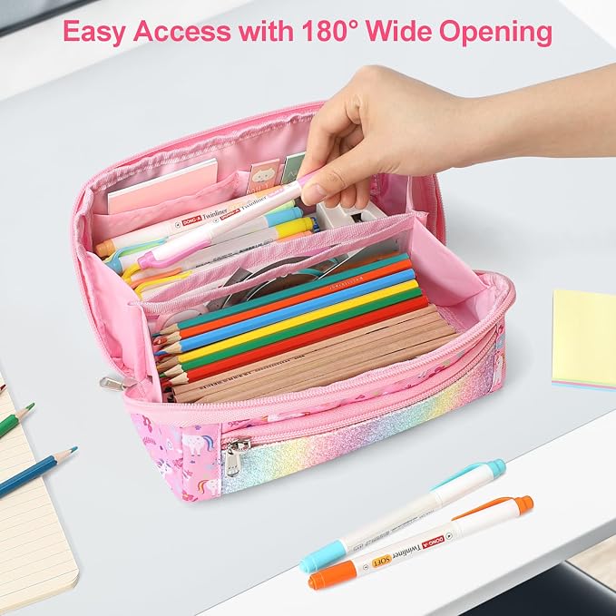 Large Pencil Case for Girls, Aesthetic Pencil Pouch for School, Wide Opening Organizer Box with Handle, Fits 50 Pens & Markers (Glitter Pink Unicorn) | Kids Pencil Case & Wide Handle, Water Resistent Organizer Box, Fits 50 Pens & Markers, Daily Use, Gl...