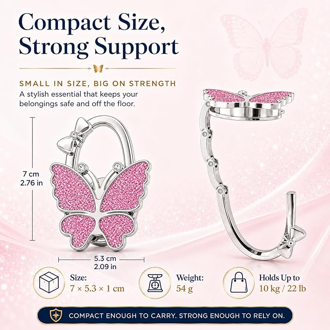 Purse Hook for Table, Foldable Handbag Hanger Holder for Women | Portable Bag Holder with Non-Slip Base, Cute Pink Glitter Butterfly Purse Table Hook for Restaurant Office Travel Gift