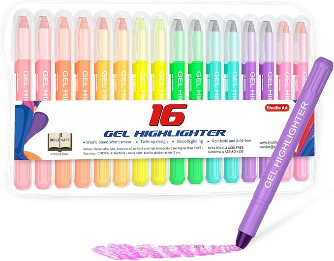 Shuttle Art 16 Pack Gel Highlighters, 8 Assorted Colors Highlighter Study Kit, Great for Journaling, Highlighting and Studying