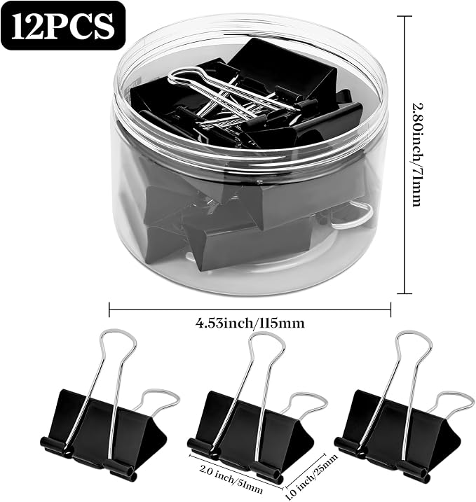 Temiary Binder Clips,Large Metal Binder Paper Clip Black 2 Inch, 12 Pcs | Paper Clamps with Clear Storage Container, Binding Paperwork Clamps for School Teachers Office Supplies