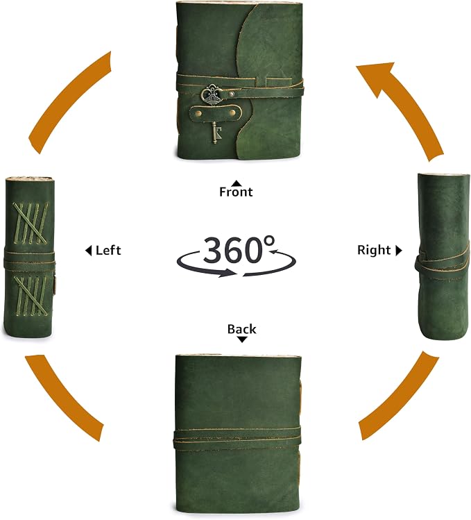 LEATHER VILLAGE Vintage Leather Journal – 200 Handmade Vintage Deckle Edge Paper – Leather bound Journal For Women Men – Vintage Key Closure - Book of Shadows - Green - 13X8 inches