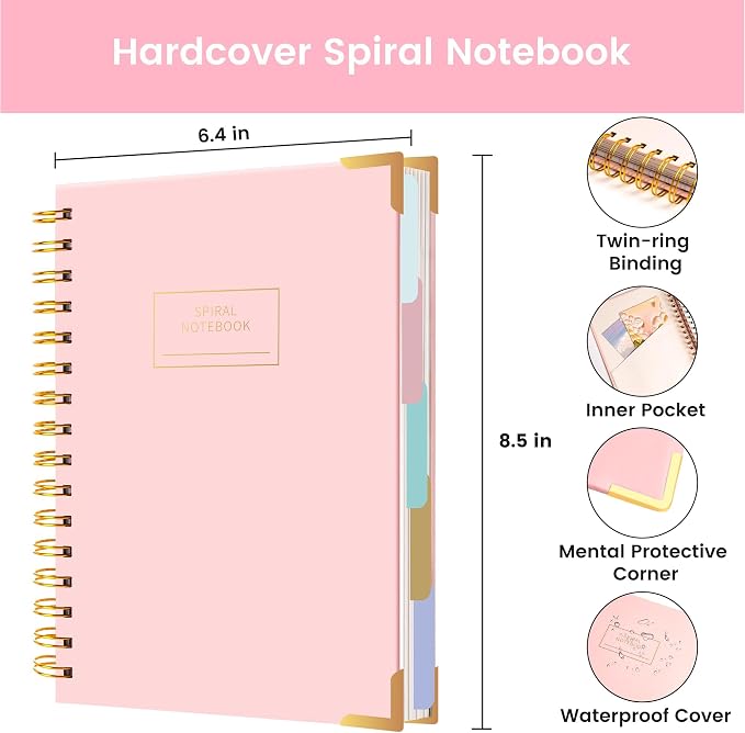 Yoment Hardcover Spiral Notebooks for Work School Note Taking, 6.1"x8.3" Journal Notebook with Tabs Dividers, Multi 5 Subject Notebook College Ruled, 200 Pages Lined Journal for Women, Pink