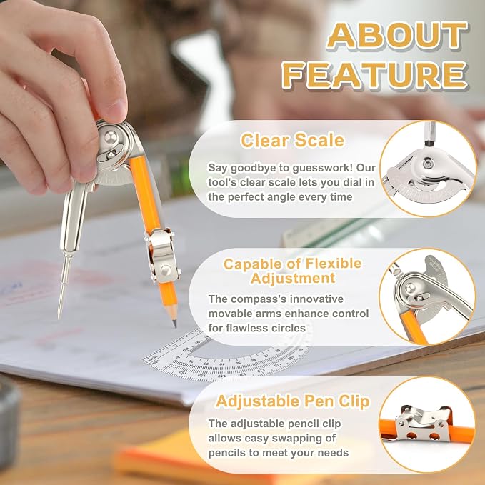 Mototo 30-PCS Geometry Tool Set, Math Compass for Geometry and 6 Inch Protractor Set Include Metal Compass with Pencil and Clear Plastic Protractor for Student Classroom Office Woodworking Art Drawing