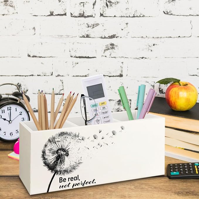 Dandelion Motivational Decorative Pencil Holder for Desk, Be Real Not Perfect Wooden Pen Pencil Holder, Motivational Gifts for Women Men, Motivation Decor for Home Room Office