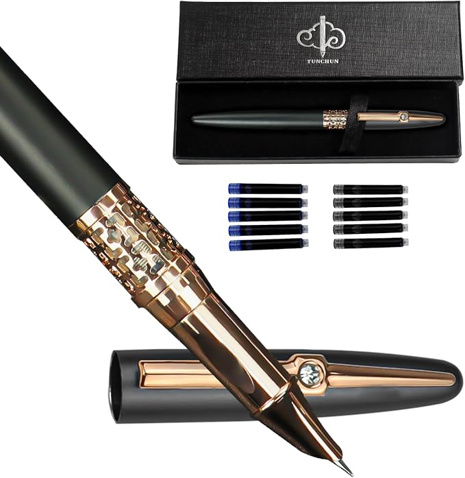 YUNCHUN Refillable Fountain Pen Fine Nib, Fancy Ink Pen with 10 Black & 10 Blue Ink Refills Cartridges, Cool Ink Pens for Writing, Business Metal, Best Gift Set for Men & Women, Blcak
