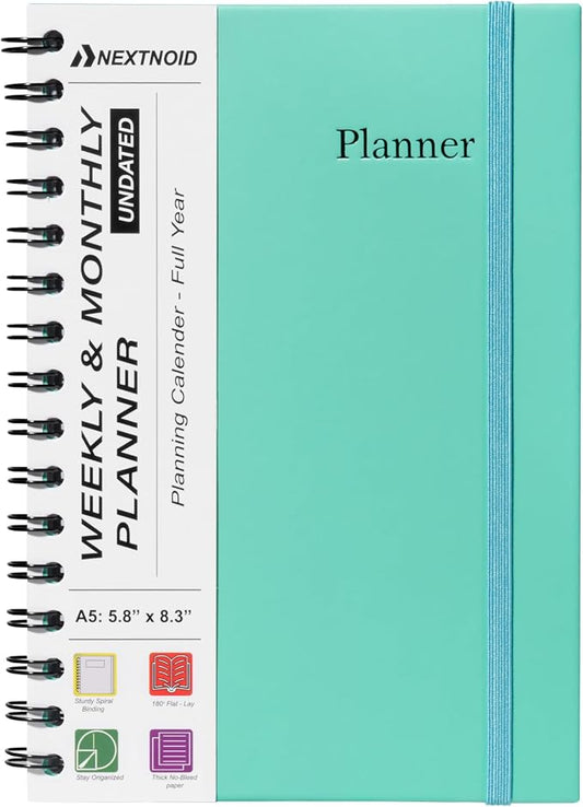 Nextnoid A5 12-Month Undated Weekly & Monthly Planner, Hardcover, Turquoise | Weekly & Monthly Planning Notebook for Home and Office, Agenda Planner, Goal Setting and Scheduling with Weekly Layout