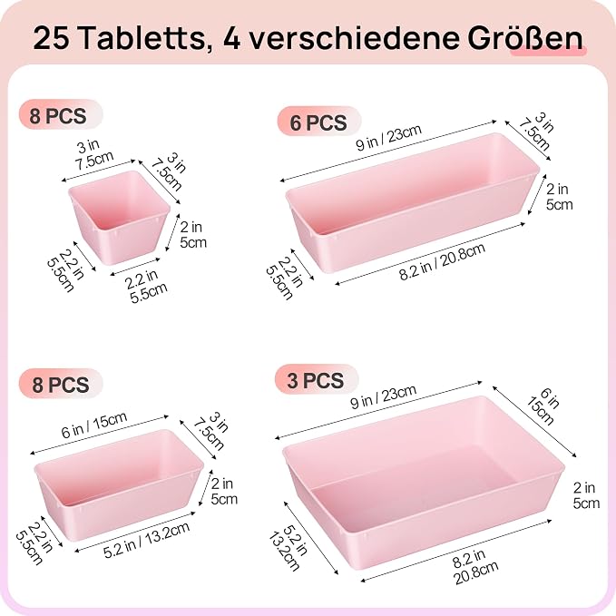 Vtopmart 25 PCS Plastic Drawer Organizers Set, 4-Size Versatile Bathroom and Vanity Drawer Organizer Trays, Storage Bins for Makeup, Bedroom, Kitchen Gadgets Utensils and Office | 4-Size Versatile Makeup Organizer, Storage Containers Small Bins for Mak...