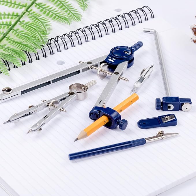 Mr. Pen- Professional Geometry Set, 7 pcs | Metal Compasses with Center Wheel & Extension Leg, Precision Drafting Kit with Storage Box for Geometry, Technical Drawing