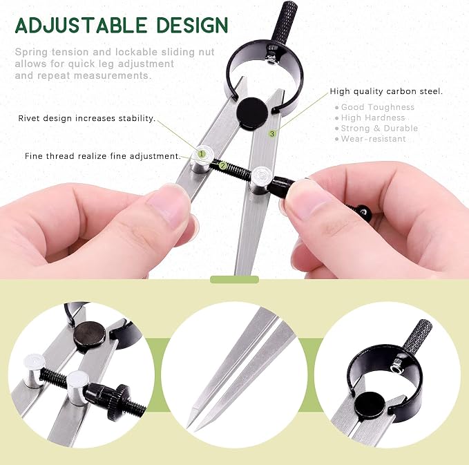 Keadic 3 Pcs Spring Wing Divider, 4'' 6'' 8'' Adjustable Lockable Steel Divider Wing Leather Compass Professional Metal Compass Set Spring Caliper Leg Divider for Leather Work, Geometry Drawing