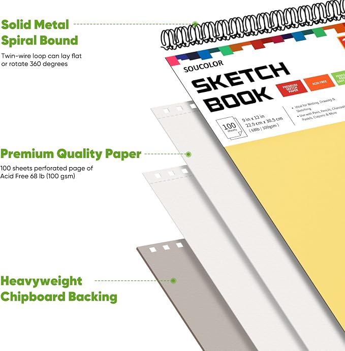 Soucolor 9x12 Spiral Sketch Book,100 Sheets, Acid-Free Drawing Pad for Kids | Top spiral-bound sketchbook with 68lb acid-free paper,micro-perforated pages, and flat-lay design,for all artists