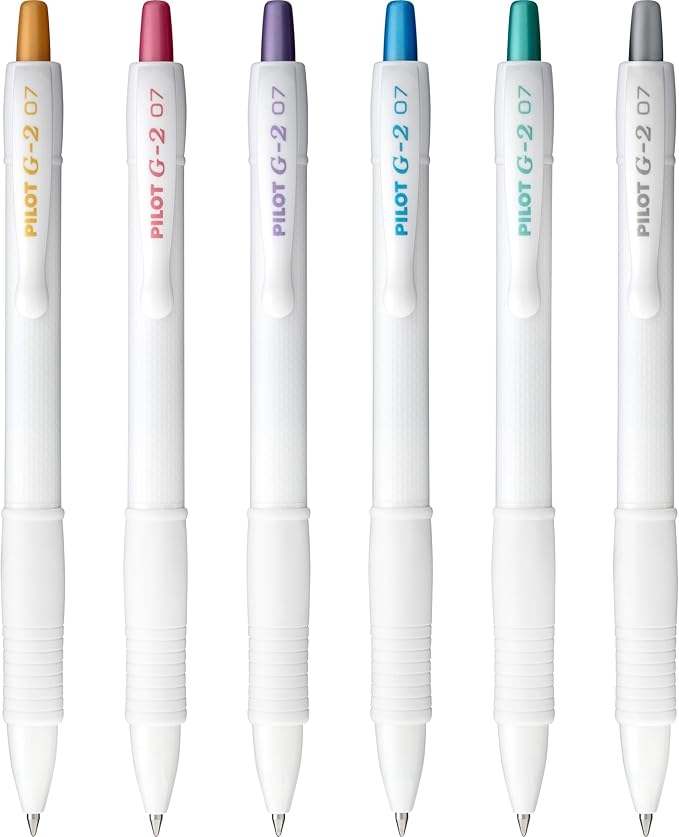 Pilot G2 Edge White, Assorted Metallic Inks, Premium Gel Roller Pens, Sensory Writing Experience, 6ct box, Fine Point 0.7 mm