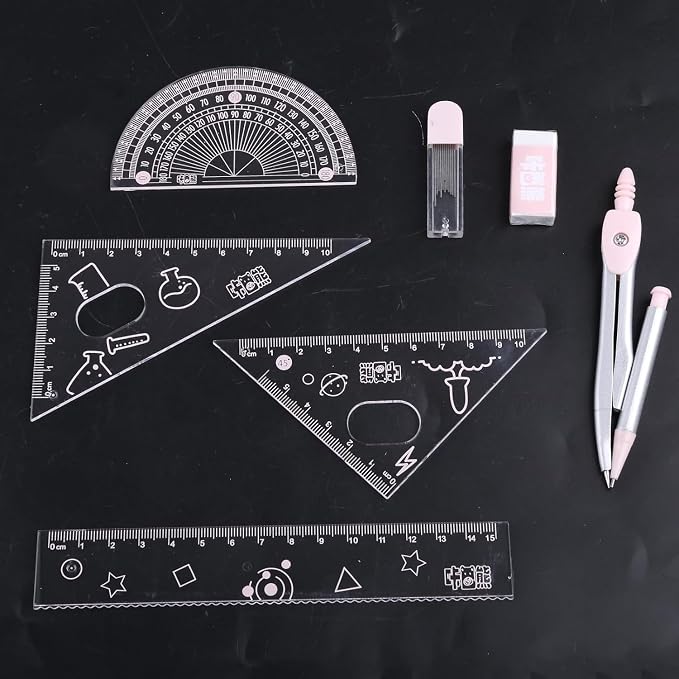 7Pcs Pink Compass Protractor Set with Portable Box Geometry Drafting Tools Set Multi-Purpose Math Drawing Rulers for Boy Girl Drafting Tools and Drafting Kits