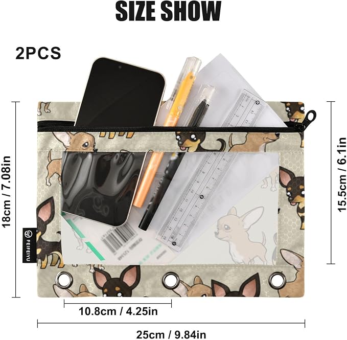Chihuahua Puppy Pencil Pouches for 3 Ring Binder 2 Pack | Binder Pencil Case With Zipper Reinforced GrommetsPencil Bags for Office Organizers