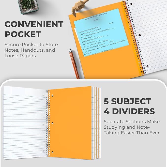 Rosmonde 24 Pack Spiral Notebook, 5 Subject, 300 Pages/Book (150 Sheets), Wide Ruled, 8 x 10-1/2, Bulk Subject Notebooks for Office & School, Office Spiral Notebooks, Soft Cover, Assorted Colors