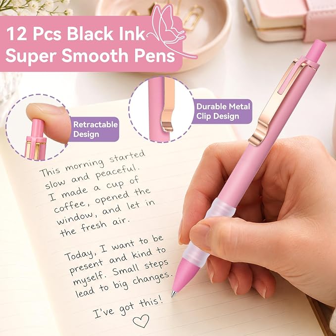 Drawdart Cute Gel Pens, 0.7mm Black Ink, Smooth Writing, Soft Grip, 12 Pack | Retractable Pens with Metal Clip, Ergonomic Silicone Grip, for Journaling Note Taking School Office Supplies