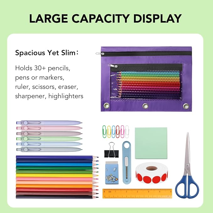 Pencil Pouch for 3 Ring Binder, Heavy Duty Canvas Dual Zipper Pen Bag with Clear Window, Smooth Metal Zipper, Fit Standard 3-Ring Binders for School Office Travel Supplies (Purple)