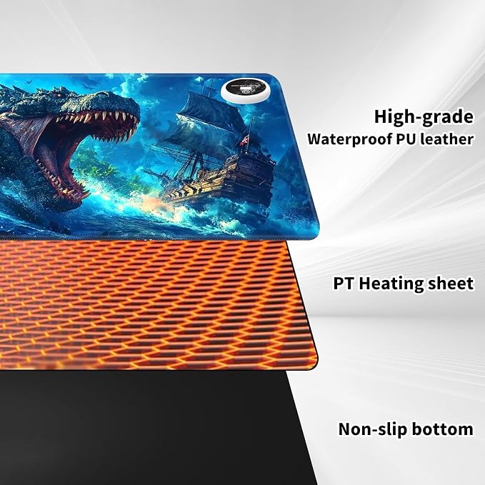 Warm Desk Pad,Heated Desk Pad,Office Mat,3 Heating Levels & 3 Hours Auto Shut-Off,31.5"*13" Gaming Mouse Laptop Keyboard Leather Desk Mat,Blue Dinosaur Ocean