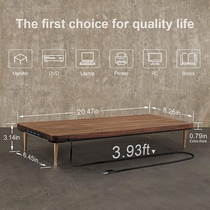 Monitor Stand with 4 USB Ports Walnut Wood Riser for iMac Laptop Computer Monitor – A Sturdy Computer Stand to Elevate Your Screen and Reduce Eye Strain and Maintain Body Position