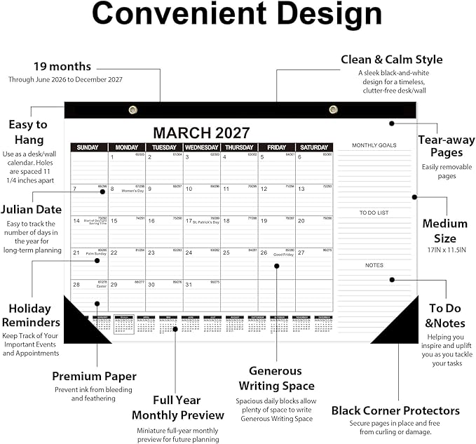 GuassLee Desk Calendar 2026-2027 (Jun. 2026 - Dec. 2027), 19 Months Calendar 17" × 11.5" Desktop Planner with Julian Date, Monthly Goals, Academic To-Do List, for Home, Office, School & Teachers