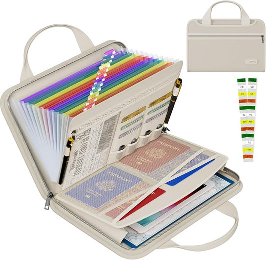 Tamfile Fireproof Accordion File Organizer, Expanding File Folder, Beige | 13 Pocket Colorful, Handle, Zipper & Labels, Multi-Pockets Paper Organizer, for Letter A4 Files, Home, Office, School