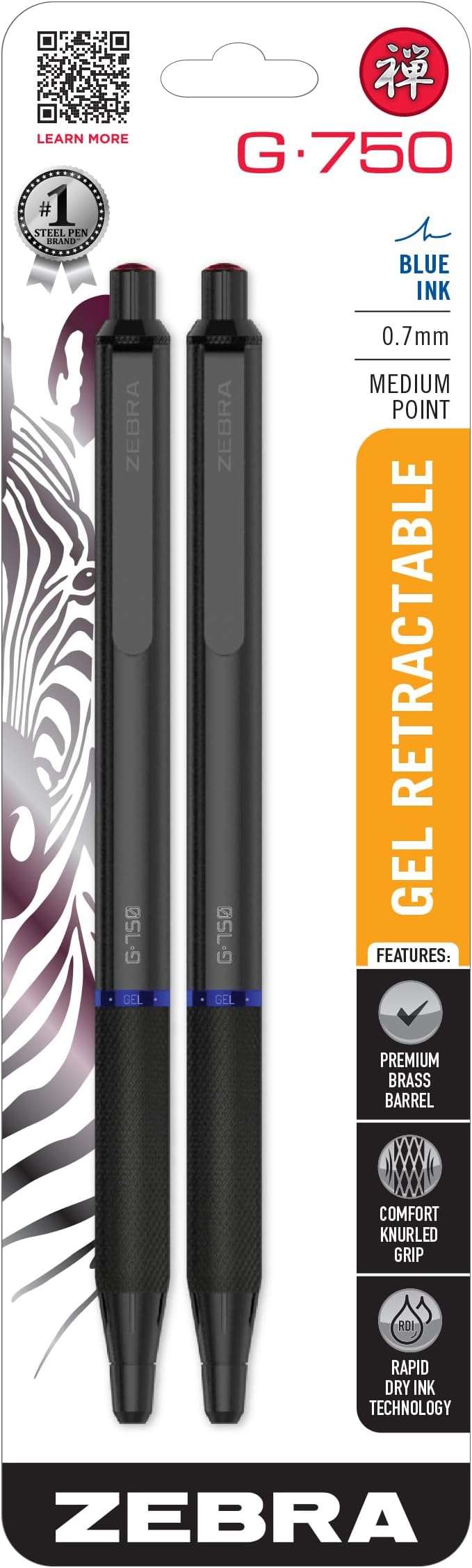 Zebra Pen G-750 Black Brass Retractable Gel Pen, Blue Ink, 0.7mm, 2-Pack | Japanese Craft Detail, Brass Barrel, Rapid-Dry Ink, Comfort Knurled Grip, Refillable, Medium Point Tip, STEEL Series (49822)