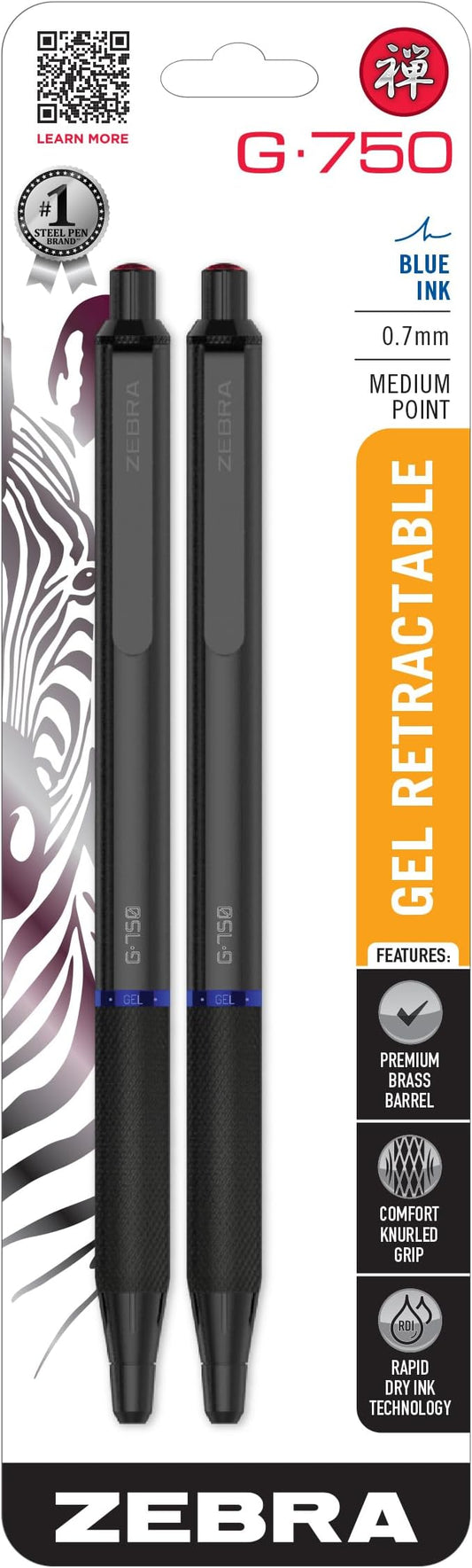 Zebra Pen G-750 Black Brass Retractable Gel Pen, Blue Ink, 0.7mm, 2-Pack | Japanese Craft Detail, Brass Barrel, Rapid-Dry Ink, Comfort Knurled Grip, Refillable, Medium Point Tip, STEEL Series (49822)