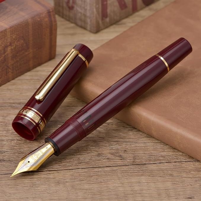 Wikult Yongsheng Junlai 930 Acrylic Fountain Pen, Size 9 Fine Nib with Piston Filling System, Wine Red Fence Ink Tank with Flat Top Design Smooth Writing Pen (Gold Trim)