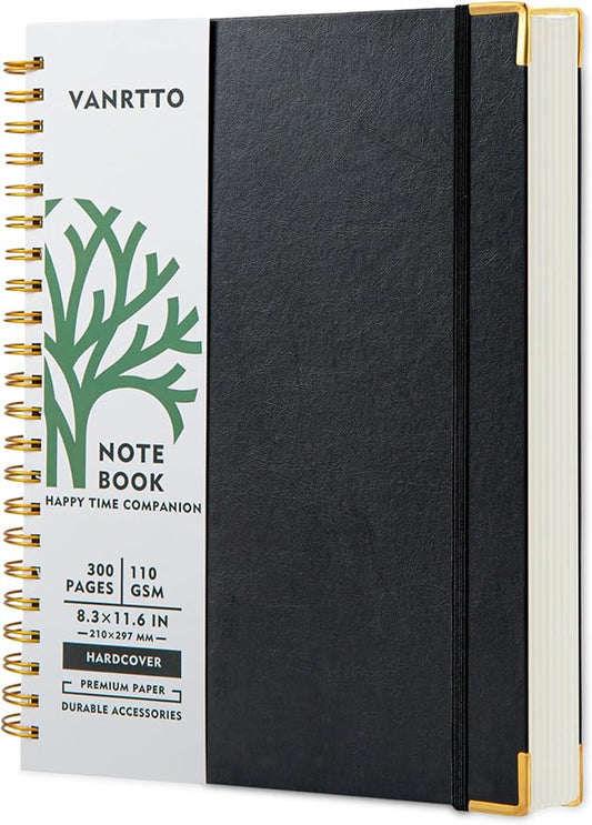 VANRTTO Hardcover Spiral Notebook 8.5x11 IN Notebooks College Ruled Black | Hardcover Notebook of 110 GSM Lined Paper Notebooks for Work, School, 300 Pages A4 Notebooks College Ruled for Women and Men