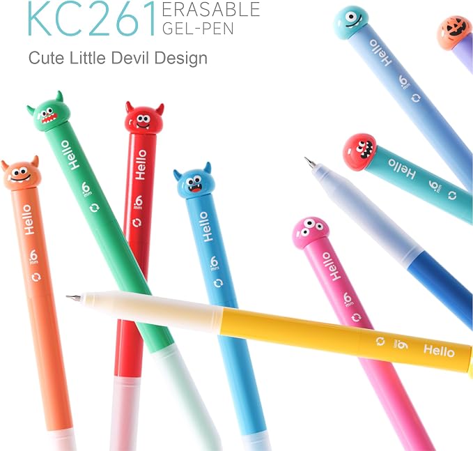 languo Erasable Gel Pens, 0.6mm Fine Tip, Twist Retractable, 10 Pack | Little Devil Design, Assorted Ink Colors, Smooth Ink Flow, Clean Corrections, Ideal for Drawing, Writing, Journaling, Planner