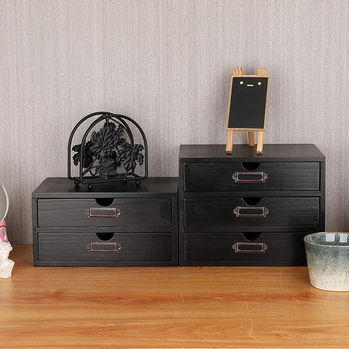 Small Wooden Drawers Wooden Box with Drawer Black | 2 Drawer Storage Box for Apothecary Cabinet, Apothecary Drawers，Desktop Organizer with Metal Handles for Office，Home