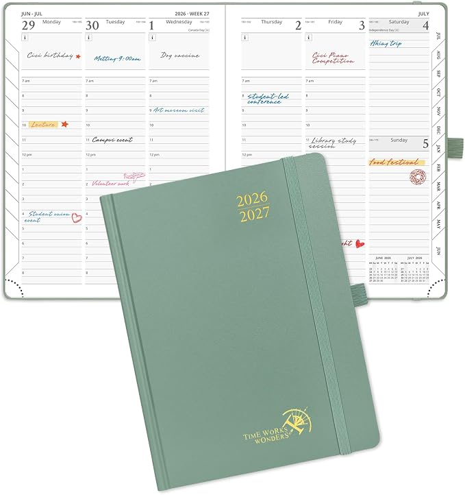 POPRUN 2026-2027 Academic Planner, 6.5" x 8.75", Weekly and Monthly Calendar, July 2026 to June 2027, Hardcover Appointment Book with Vertical Layout, Hourly Time Slots, Monthly Tabs - Midnight Green