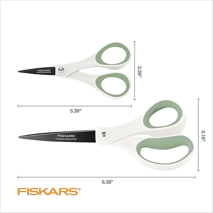 Fiskars Everyday Fashion Scissors 2-Pack, Non-Stick Stainless Steel Blades, 8" & 5" Scissors Set, Ergonomic SoftGrip Handles for Home, Office & Craft Cutting, White & Green Forest Fern Color