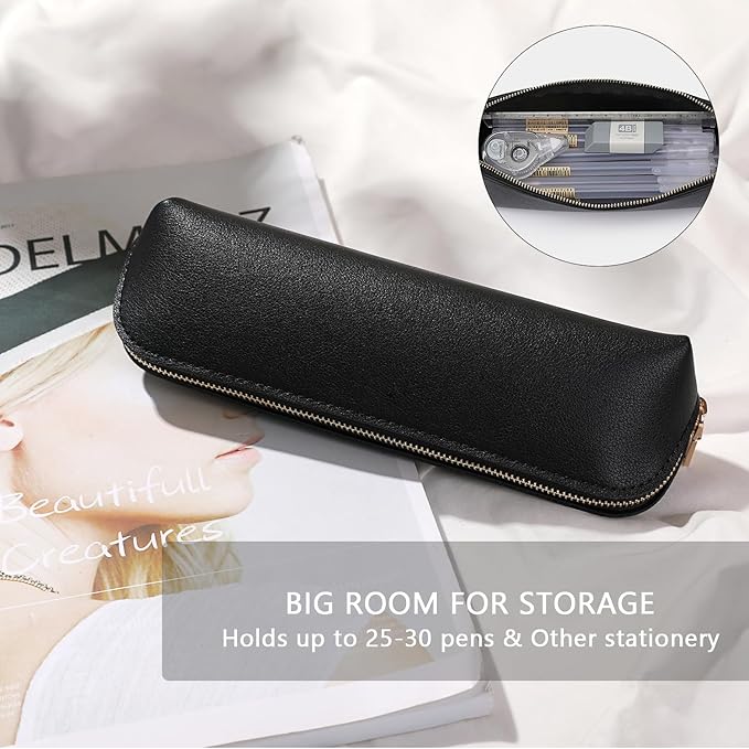Pencil Case Small Pencil Pouch Slim (Black, Faux Leather)