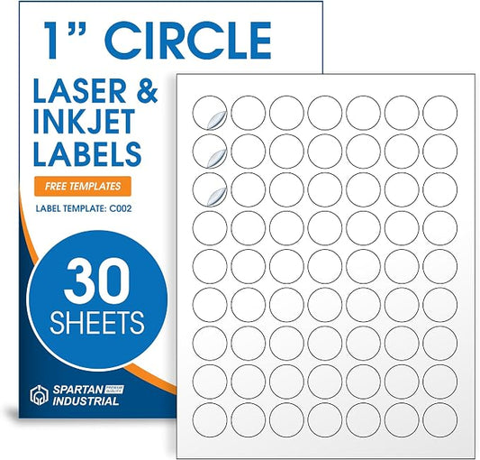 1" Printable Round Labels for Laser and Inkjet Printers - 1890 Blank Labels, 30 Sheets for Price Tags, Thank You Stickers, QR Codes, Business Logos - Spartan Industrial Template C002