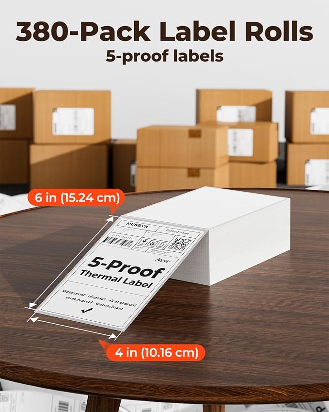 MUNBYN 4"x6" Direct Thermal Shipping Labels for Packages, 380 Sheets/Stack | 4"x6" Fanfold Thermal Labels, Durable Waterproof, Oil-Proof, Scratch-Proof, Alcohol-Resistant, Tear-Resistant