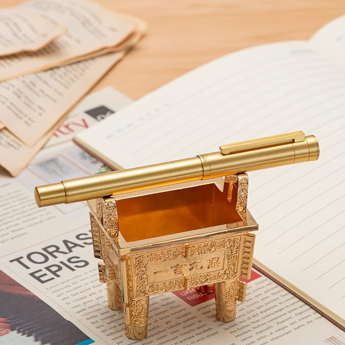 HONG DIAN 1861 Fountain Pen, Long Blade Nib, Raw Brass Design with Converter and Metal Pen Case Set