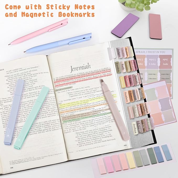 Bible Journaling Kit, Bible Study Supplies Set for Women & Men | Includes 6 No Bleed Bible Highlighters, 6 Pens, 90 Laminated Bible Tabs, Magnetic Bookmarks & Sticky Notes