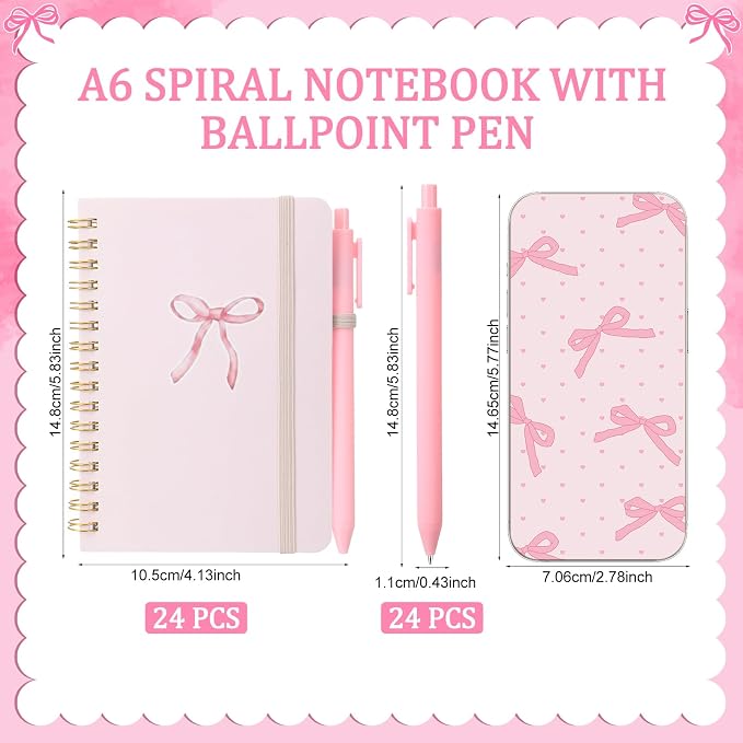 Fulmoon 24 Set Pink Bow A6 Spiral Notebook with Ballpoint Pens 50 Sheets, 4"x 6" Small Bow College Ruled Coquette Notepads Journaling Notebooks Bulk for Back to School Supplies Offices Team Gifts