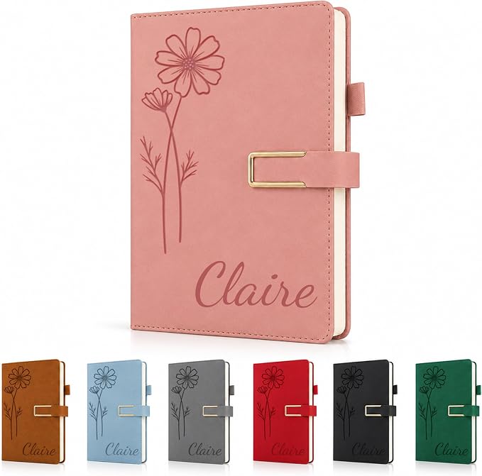 CRME Personalized Birth Flower Notebook, Custom Name Engraved Leather Journal, A5 Writing Journal Gift for Women, Mom, Sister, Teacher, Friend