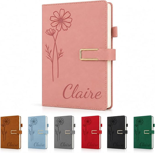 CRME Personalized Birth Flower Notebook, Custom Name Engraved Leather Journal, A5 Writing Journal Gift for Women, Mom, Sister, Teacher, Friend