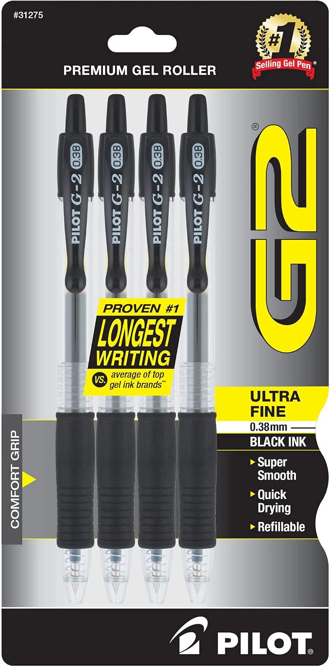Pilot G2 Premium Refillable and Retractable Rolling Ball Gel Pens, Ultra Fine Point, Gel Ink Pens, 0.38mm, Black Ink, 4-Pack