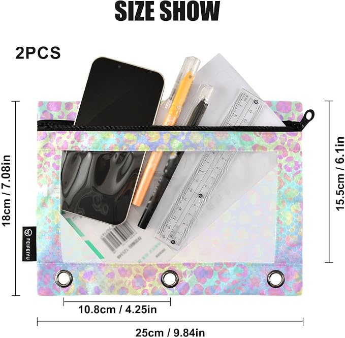 ALAZA Pencil Pouch for 3 Ring Binder, Rainbow Leopard Print Rose Gold Cheetah Custom Binder Pencil Pouches with Clear Window Zipper Pencil Case Cosmetic Bags for Office College Supplies, 2PCS