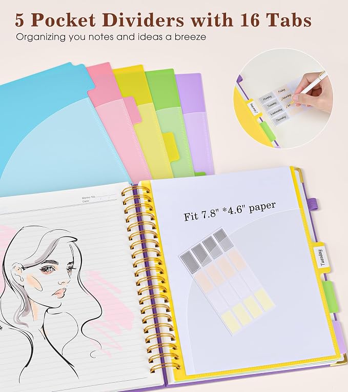 Hardcover Spiral Notebook with Removable Dividers Tabs, 300 pages Leather 5 Subject Notebook College Ruled, 6.2" x 8.2" Journal for Women Men, Small Notebooks for Work School Note taking,A5 Pink