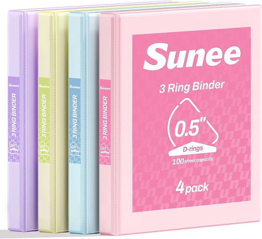 SUNEE 3 Ring Binder 0.5 Inch D Ring, Clear View Binder Three Ring PVC-Free (Fit 8.5x11 Inches) for School or Office Supplies, Assorted Pastel, 4 Pack
