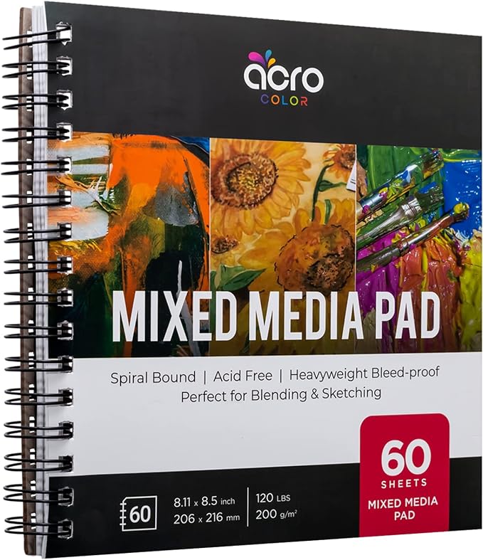 Mixed Media Sketchbook 8.11” x 8.5” | Spiral Bound Sketch Pad With Thick, Heavyweight Paper, 200 GSM, 120 LBS | Art Sketch Book For All Wet & Dry Media - Watercolor, Paint, Pencils, Charcoal, Pens |
