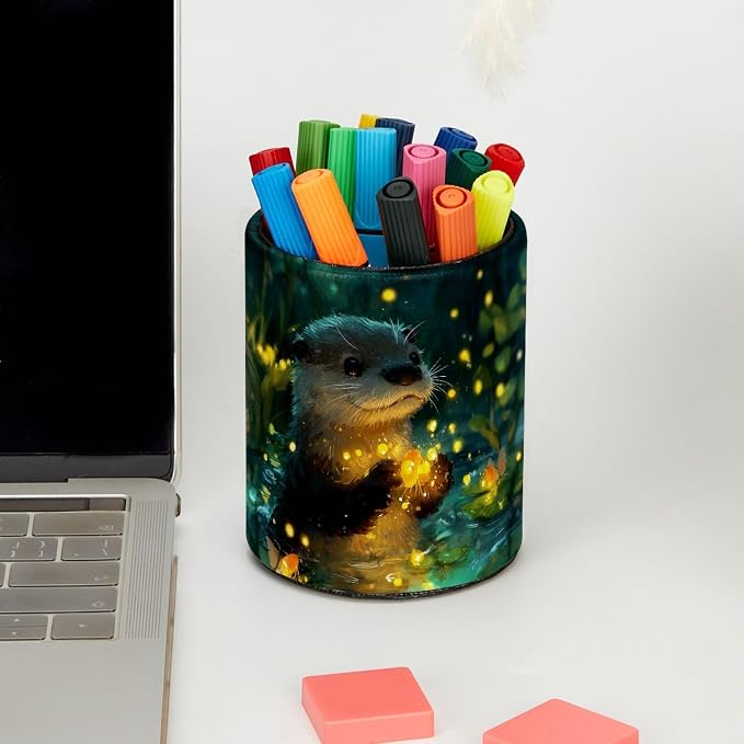 Cute Otter Leather Pen Holder for Desk, Multifunctional Desktop Organizer Pencil Cup, Desktop Caddy Stationery Organizer for School Home Office Desk Accessories
