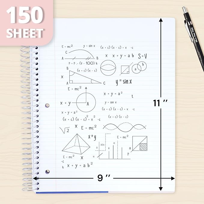 ONAVIA 3 Subject Spiral Notebook College Ruled 3 Pack, 300 Pages | 150 Sheets, 9 x 11 in, 6 Pack Waterproof Plastic Cover, Durable, School Notebooks, Homework, Test Prep